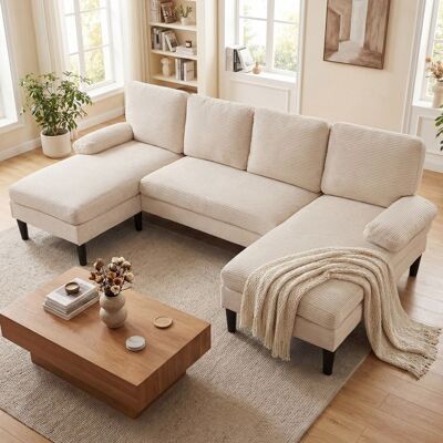 Canapé Panoramique en U - COSTWAY - Canapé dAngle - 5/6 Places 2 Chaise Longue Fixe en Velours Côtelé avec 4 Coussins Beige - Publicité Canapé Panoramique en U - COSTWAY - Canapé dAngle - 5/6 Places 2 Chaise Longue Fixe en Velours Côtelé avec 4 Coussins Beige - Publicité