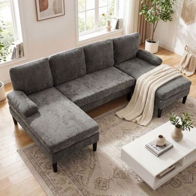 Canapé Panoramique en U - COSTWAY - Canapé dAngle - 5/6 Places 2 Chaise Longue Fixe en Tissu Chenille avec 4 Coussins Gris - Publicité Canapé Panoramique en U - COSTWAY - Canapé dAngle - 5/6 Places 2 Chaise Longue Fixe en Tissu Chenille avec 4 Coussins Gris - Publicité