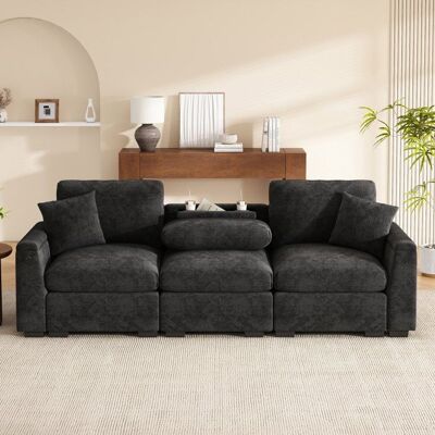 LEYTN Canapé modulable 3 places-chenille-Canapé dangle coussin table pliante-port USB-porte-gobelet espace de rangement-242x80x88cm gris Gris - Publicité LEYTN Canapé modulable 3 places-chenille-Canapé dangle coussin table pliante-port USB-porte-gobelet espace de rangement-242x80x88cm gris Gris - Publicité