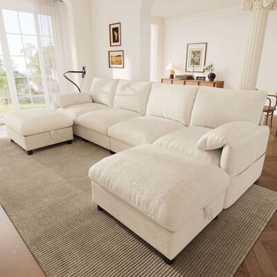 VILUXE Canapé d’angle modulable 6 places 2735 x 133 x 81 cm avec 2 poufs coffre USB type-C chenille beige Beige - Publicité VILUXE Canapé d’angle modulable 6 places 2735 x 133 x 81 cm avec 2 poufs coffre USB type-C chenille beige Beige - Publicité