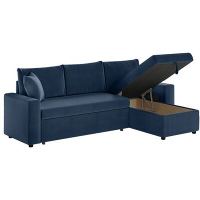 Canapé dangle 3 places MARIA réversible convertible avec coffre en velours côtelé - Bleu foncé - L227 x P146 x H81cm - LOUNGITUDE Bleu - Publicité Canapé dangle 3 places MARIA réversible convertible avec coffre en velours côtelé - Bleu foncé - L227 x P146 x H81cm - LOUNGITUDE Bleu - Publicité