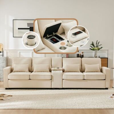 LEMONBEST Canapé 4 places moderne 290 cm avec 2 ports USB et 2 porte-gobelets canapé droit avec 4 coussins et poches latérales Lin Beige Beige - Publicité LEMONBEST Canapé 4 places moderne 290 cm avec 2 ports USB et 2 porte-gobelets canapé droit avec 4 coussins et poches latérales Lin Beige Beige - Publicité