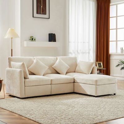 SEYAKANY Canapé modulable moderne pour le salon tissu chenille quatre places canapé dangle en L avec repose-pieds et accoudoirs beige Beige - Publicité SEYAKANY Canapé modulable moderne pour le salon tissu chenille quatre places canapé dangle en L avec repose-pieds et accoudoirs beige Beige - Publicité