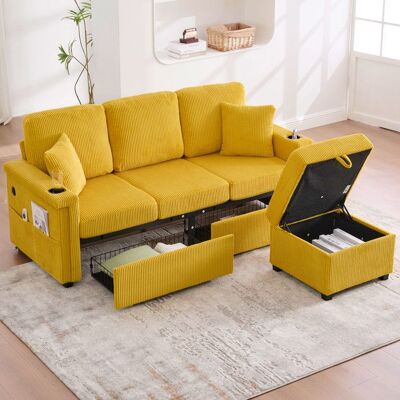 LEYTN Canapé dangle Réversible 4 places- velours-canapé avec LED et port USB-C repose- pieds de rangementtiroir porte-gobelet-Jaune Jaune - Publicité LEYTN Canapé dangle Réversible 4 places- velours-canapé avec LED et port USB-C repose- pieds de rangementtiroir porte-gobelet-Jaune Jaune - Publicité