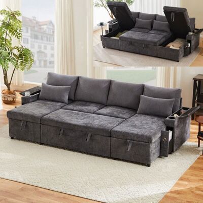 LEYTN Canapé convertible 4 places Canapé-lit Canapé dangle en U avec porte-gobelets coffre de rangement 2 coussins - gris Gris - Publicité LEYTN Canapé convertible 4 places Canapé-lit Canapé dangle en U avec porte-gobelets coffre de rangement 2 coussins - gris Gris - Publicité