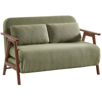SWEEEK Banquette canapé convertible 2 places bois dhévéa teinté noyer clair et bouclette texturée kaki L 133 x P 81 x 84cm - Sven Vert - Publicité SWEEEK Banquette canapé convertible 2 places bois dhévéa teinté noyer clair et bouclette texturée kaki L 133 x P 81 x 84cm - Sven Vert - Publicité