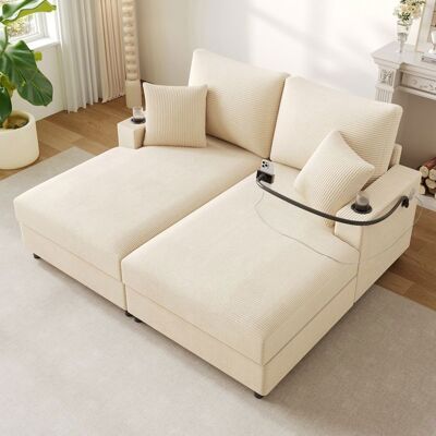 LEMONBEST Canapé-lit Double 160x140 cm Canapé Convertible 2 Places avec 2 Coussins Port USB Porte-téléphone Réglable - Velours Côtelé Beige Beige - Publicité LEMONBEST Canapé-lit Double 160x140 cm Canapé Convertible 2 Places avec 2 Coussins Port USB Porte-téléphone Réglable - Velours Côtelé Beige Beige - Publicité