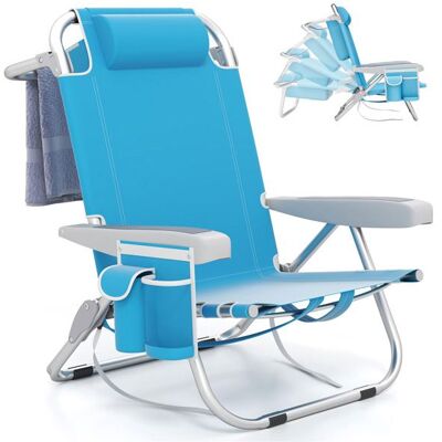 COSTWAY Chaise de Camping Pliable 5 Positions Réglables Appui-Tête Poches Latérales Porte-Serviettes Chaise de Plage Bleu Bleu - Publicité COSTWAY Chaise de Camping Pliable 5 Positions Réglables Appui-Tête Poches Latérales Porte-Serviettes Chaise de Plage Bleu Bleu - Publicité