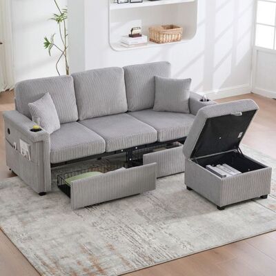 LEYTN Canapé dangle Réversible 4 places-velours-canapé avec LED et port USB-C repose-pieds de rangementtiroir porte-gobelet-Gris pâle Gris - Publicité LEYTN Canapé dangle Réversible 4 places-velours-canapé avec LED et port USB-C repose-pieds de rangementtiroir porte-gobelet-Gris pâle Gris - Publicité