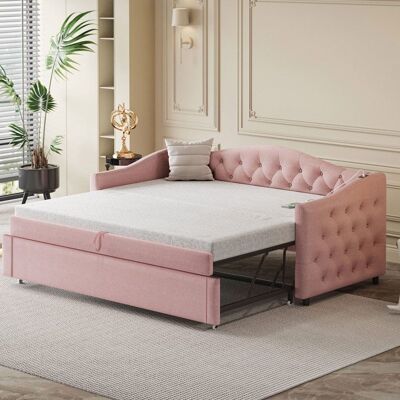 DESMIU Canapé-lit convertible 90×200 cm en lin rose avec port USB et sommier à lattes Rose - Publicité DESMIU Canapé-lit convertible 90×200 cm en lin rose avec port USB et sommier à lattes Rose - Publicité