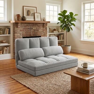PAGE LIVING Canapé de sol convertible - 3-en-1 - Dossier réglable 6 positions - Velours gris clair - Matelas 13 cm - Publicité PAGE LIVING Canapé de sol convertible - 3-en-1 - Dossier réglable 6 positions - Velours gris clair - Matelas 13 cm - Publicité