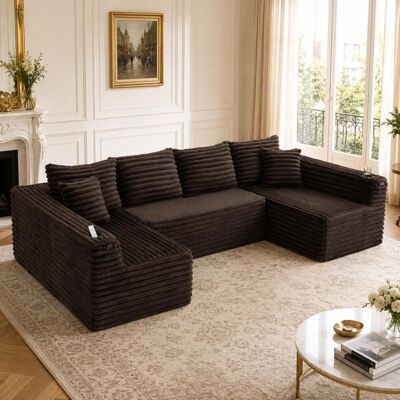 VILUXE Canapé d’angle en U 320x155x88 cm 6 places avec porte-gobelets et poches latérales salon contemporain velours côtelé marron Marron - Publicité VILUXE Canapé d’angle en U 320x155x88 cm 6 places avec porte-gobelets et poches latérales salon contemporain velours côtelé marron Marron - Publicité