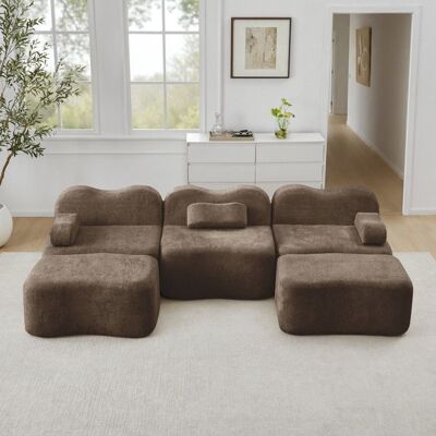 OEM Canapé modulaire en U - 3 places - 2 ottomans - Mousse haute densité 32D - Forme ondulée - Siège profond Marron - Publicité OEM Canapé modulaire en U - 3 places - 2 ottomans - Mousse haute densité 32D - Forme ondulée - Siège profond Marron - Publicité