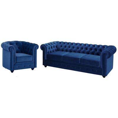 Ensemble Canapé et Fauteuil Chesterfield en Velours - Bleu - Publicité Ensemble Canapé et Fauteuil Chesterfield en Velours - Bleu - Publicité