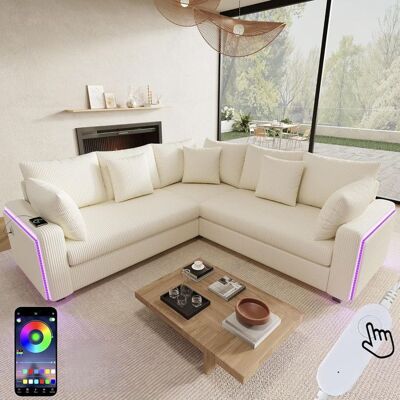 HOXINBLY Canapé Convertible en L avec LED et USB C Canapé dangle en Velours Côtelé avec Coussins et Accoudoirs Canapé Modulable Beige Beige - Publicité HOXINBLY Canapé Convertible en L avec LED et USB C Canapé dangle en Velours Côtelé avec Coussins et Accoudoirs Canapé Modulable Beige Beige - Publicité
