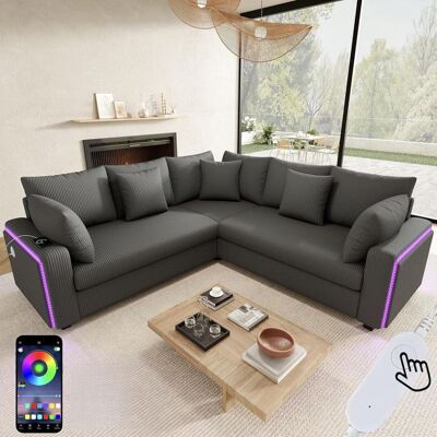 HOXINBLY Canapé Convertible en L avec LED et USB C Canapé dangle en Velours Côtelé avec Coussins et Accoudoirs Canapé Modulable Gris Gris - Publicité HOXINBLY Canapé Convertible en L avec LED et USB C Canapé dangle en Velours Côtelé avec Coussins et Accoudoirs Canapé Modulable Gris Gris - Publicité