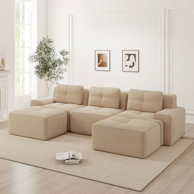 OEM Canapé compressé modulable 3 places en U avec 2 pouf assise profonde en velours côtelé beige 293 x 177 cm Beige - Publicité OEM Canapé compressé modulable 3 places en U avec 2 pouf assise profonde en velours côtelé beige 293 x 177 cm Beige - Publicité