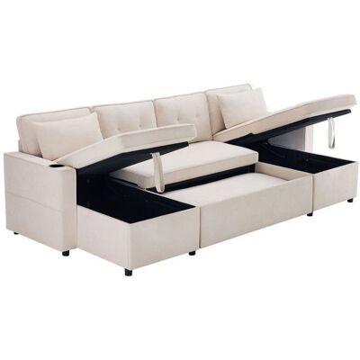 SEYAKANY Canapé panoramique convertible Moderne 4 places en coton et lincanapé en U Capitonné avec Coffre de rangementporte-boissonsBeige Beige - Publicité SEYAKANY Canapé panoramique convertible Moderne 4 places en coton et lincanapé en U Capitonné avec Coffre de rangementporte-boissonsBeige Beige - Publicité