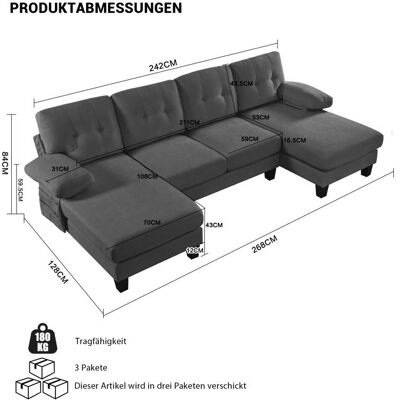 OEM Canapé en U avec méridienne - Gris - Chenille - 242x128x84 cm - Poches latérales - Accoudoirs amovibles Gris - Publicité OEM Canapé en U avec méridienne - Gris - Chenille - 242x128x84 cm - Poches latérales - Accoudoirs amovibles Gris - Publicité