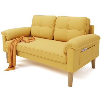 Canapé 2 Places - Bealife Canapé Scandinave - 2 Coussins - 2 Accoudoirs - Tissu Jaune - Bois - Salon - Chambre - 144 x 77 x 77 cm Jaune - Publicité Canapé 2 Places - Bealife Canapé Scandinave - 2 Coussins - 2 Accoudoirs - Tissu Jaune - Bois - Salon - Chambre - 144 x 77 x 77 cm Jaune - Publicité