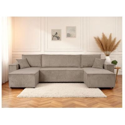 LOUNGITUDE Canapé dangle FARAH panoramique convertible 6 places en velours cotelé - Taupe Beige - Publicité LOUNGITUDE Canapé dangle FARAH panoramique convertible 6 places en velours cotelé - Taupe Beige - Publicité