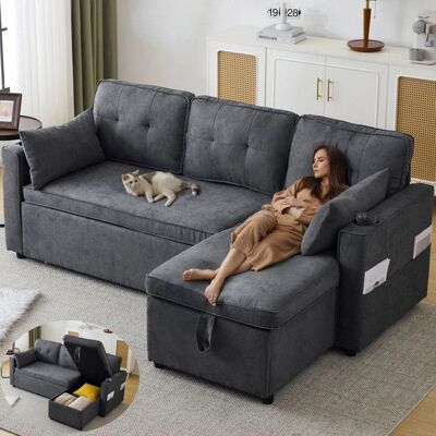 VEPSSDER Canapé dangle convertible Canapé-lit réversible Canapé 3 places avec coffre de rangement porte-gobelets - gris Gris - Publicité VEPSSDER Canapé dangle convertible Canapé-lit réversible Canapé 3 places avec coffre de rangement porte-gobelets - gris Gris - Publicité