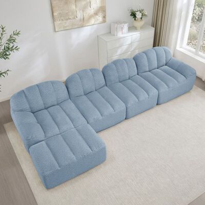 OEM Canapé modulaire 4 places - 1 ottoman - Forme coquille - Mousse haute densité 32D - Assise profonde - Velours côtelé Bleu - Publicité OEM Canapé modulaire 4 places - 1 ottoman - Forme coquille - Mousse haute densité 32D - Assise profonde - Velours côtelé Bleu - Publicité