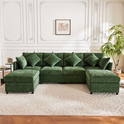 KINBERRY Canapé modulable U/L 278x161x81 cm en chenille vert 2 poufs 6 coussins assise profonde convertible salon appartement chic design Vert - Publicité KINBERRY Canapé modulable U/L 278x161x81 cm en chenille vert 2 poufs 6 coussins assise profonde convertible salon appartement chic design Vert - Publicité