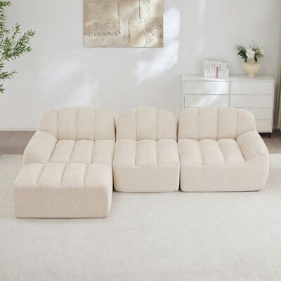 OEM Canapé modulaire en L - 3 places - 1 ottoman - Mousse haute densité 32D - Velours côtelé - Beige blanc - Siège profond Beige - Publicité OEM Canapé modulaire en L - 3 places - 1 ottoman - Mousse haute densité 32D - Velours côtelé - Beige blanc - Siège profond Beige - Publicité