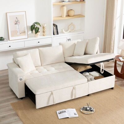 LEYTN Canapé dangle convertible 3 places-Canapé-lit avec fonction couchage-rangements-USB port- accoudoir- Chenille- Beige-209x130x84cm - Publicité LEYTN Canapé dangle convertible 3 places-Canapé-lit avec fonction couchage-rangements-USB port- accoudoir- Chenille- Beige-209x130x84cm - Publicité