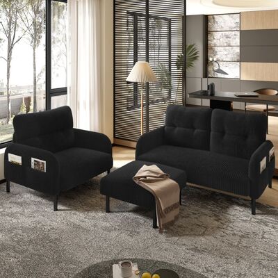 OEM Ensemble canapé modulable - 3 pièces: canapé 2-places fauteuil repose-pieds - Velours côtelé doux Noir - Publicité OEM Ensemble canapé modulable - 3 pièces: canapé 2-places fauteuil repose-pieds - Velours côtelé doux Noir - Publicité
