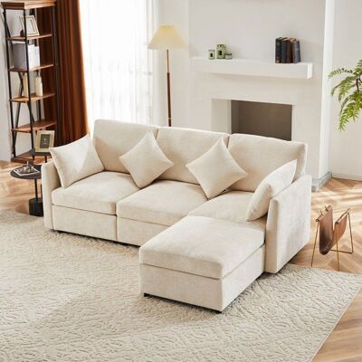 SEYAKANY Canapé dangle réversible 4 places-canapé modulable Tissu Chenille Beige -repose-pieds amovible- type L-L216xH81xP161cm Beige - Publicité SEYAKANY Canapé dangle réversible 4 places-canapé modulable Tissu Chenille Beige -repose-pieds amovible- type L-L216xH81xP161cm Beige - Publicité