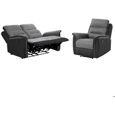 Ensemble canapé relax LÉON 2 places + fauteuil manuel en microfibre et simili Gris/Noir - LOUNGITUDE - Publicité Ensemble canapé relax LÉON 2 places + fauteuil manuel en microfibre et simili Gris/Noir - LOUNGITUDE - Publicité