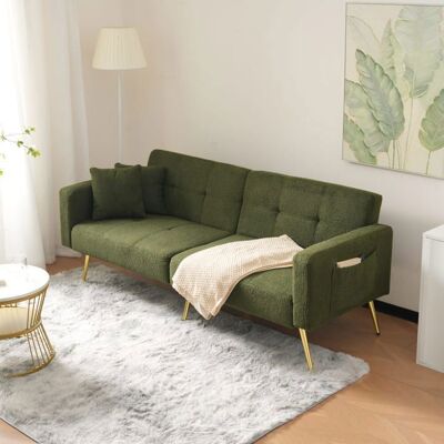 Canapé Convertible - Becag - Canapé 2 Places avec coussins et poches de rangement - 175x64x72cm -Tissu en sherpa - Vert antique Vert - Publicité Canapé Convertible - Becag - Canapé 2 Places avec coussins et poches de rangement - 175x64x72cm -Tissu en sherpa - Vert antique Vert - Publicité