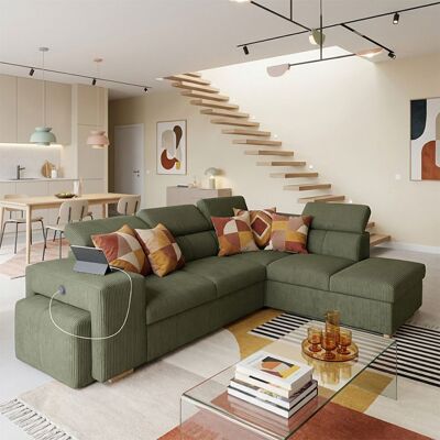 CASAPY SIRIUS Canapé dangle reversible convertible KAKI (velours côtelé ) - Taille L - 5/6 places - 267 x 218 x 94 cm Vert - Publicité CASAPY SIRIUS Canapé dangle reversible convertible KAKI (velours côtelé ) - Taille L - 5/6 places - 267 x 218 x 94 cm Vert - Publicité