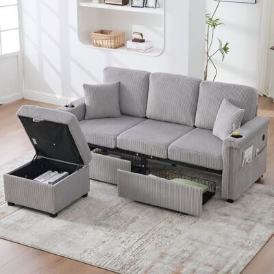 LEMLIT Canapé Modulable 3 Places avec Éclairage LED 2 Tiroirs de Rangement Pouf Stockage et Porte-Gobelets - Velours Côtelé - Gris Clair Gris - Publicité LEMLIT Canapé Modulable 3 Places avec Éclairage LED 2 Tiroirs de Rangement Pouf Stockage et Porte-Gobelets - Velours Côtelé - Gris Clair Gris - Publicité