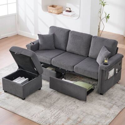 LEMLIT Canapé Modulable 3 Places avec Éclairage LED 2 Tiroirs de Rangement Pouf Stockage et Porte-Gobelets - Velours Côtelé - Gris Foncé Gris - Publicité LEMLIT Canapé Modulable 3 Places avec Éclairage LED 2 Tiroirs de Rangement Pouf Stockage et Porte-Gobelets - Velours Côtelé - Gris Foncé Gris - Publicité