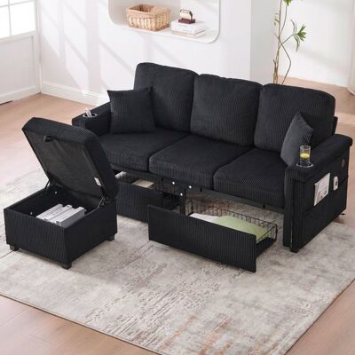 LEMLIT Canapé Modulable 3 Places avec Éclairage LED 2 Tiroirs de Rangement Pouf Stockage et Porte-Gobelets - Velours Côtelé - Noir Noir - Publicité LEMLIT Canapé Modulable 3 Places avec Éclairage LED 2 Tiroirs de Rangement Pouf Stockage et Porte-Gobelets - Velours Côtelé - Noir Noir - Publicité