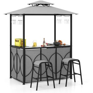 Tonnelle de Barbecue avec 2 Tabourets de Bar COSTWAY-Plateau en Verre Trempé-Etagères de Rangement-Auvent à Double Niveau-Gris Gris - Publicité Tonnelle de Barbecue avec 2 Tabourets de Bar COSTWAY-Plateau en Verre Trempé-Etagères de Rangement-Auvent à Double Niveau-Gris Gris - Publicité