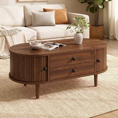 NEXMON Table basse en bois ovale 100 x 50 x 40 cm Table de salon avec portes coulissantes et 2 tiroirs Motif à rayures verticales Noyer Marron - Publicité NEXMON Table basse en bois ovale 100 x 50 x 40 cm Table de salon avec portes coulissantes et 2 tiroirs Motif à rayures verticales Noyer Marron - Publicité