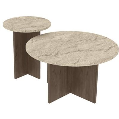 CALICOSY - Lot de 2 Tables basses rondes Ø70 cm et Ø40 cm TILIA - Travertin/ Noyer Beige - Publicité CALICOSY - Lot de 2 Tables basses rondes Ø70 cm et Ø40 cm TILIA - Travertin/ Noyer Beige - Publicité