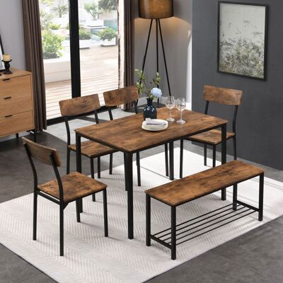 MERAX Table à Manger Industriel + 4 Chaises + Banc - en Bois et Métal - Ensemble de Salle à Manger - 6 Pièces Marron - Publicité MERAX Table à Manger Industriel + 4 Chaises + Banc - en Bois et Métal - Ensemble de Salle à Manger - 6 Pièces Marron - Publicité