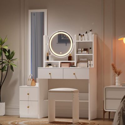 MERAX Coiffeuse 4-en-1 avec Miroir Plein Pied Miroir Pivotant LED 3 Couleurs 4 Tiroirs et Tabouret Blanc 109×36×164 cm Blanc - Publicité MERAX Coiffeuse 4-en-1 avec Miroir Plein Pied Miroir Pivotant LED 3 Couleurs 4 Tiroirs et Tabouret Blanc 109×36×164 cm Blanc - Publicité
