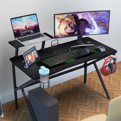Bureau Gamer DHHOZAMZ avec Surface en Fibre de Carbone PVC étagère écran métal MDF 100x54.5x74cm Noir Noir - Publicité Bureau Gamer DHHOZAMZ avec Surface en Fibre de Carbone PVC étagère écran métal MDF 100x54.5x74cm Noir Noir - Publicité