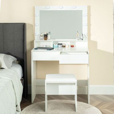 Coiffeuse - FURNITURER - Hollywoodien - LED 3 couleurs - 2 tiroirs - Miroir et tabouret Blanc - Publicité Coiffeuse - FURNITURER - Hollywoodien - LED 3 couleurs - 2 tiroirs - Miroir et tabouret Blanc - Publicité