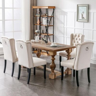 Generic Lot de 4 chaises de salle à manger en velours avec pieds en chêne bouton heurtoir chromé et garniture cloutée Beige Beige - Publicité Generic Lot de 4 chaises de salle à manger en velours avec pieds en chêne bouton heurtoir chromé et garniture cloutée Beige Beige - Publicité