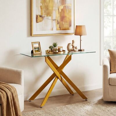 COSTWAY Table Console pour Entrée en Verre Trempé Transparent Cadre en Métal Robustes L115 x l45 x H78 CM Or - Publicité COSTWAY Table Console pour Entrée en Verre Trempé Transparent Cadre en Métal Robustes L115 x l45 x H78 CM Or - Publicité
