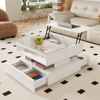 Table basse relevable LED - LEMONBEST - 70x67x57cm - Plateau relevable - LED 16 couleurs - 4 tiroirs Blanc - Publicité Table basse relevable LED - LEMONBEST - 70x67x57cm - Plateau relevable - LED 16 couleurs - 4 tiroirs Blanc - Publicité