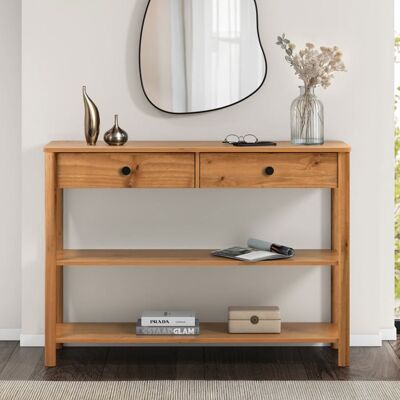 Idimex Table console dentrée APOANA L 110 cm en bois massif coloris chêne avec 2 tiroirs et 2 tablettes Design naturel Marron - Publicité Idimex Table console dentrée APOANA L 110 cm en bois massif coloris chêne avec 2 tiroirs et 2 tablettes Design naturel Marron - Publicité