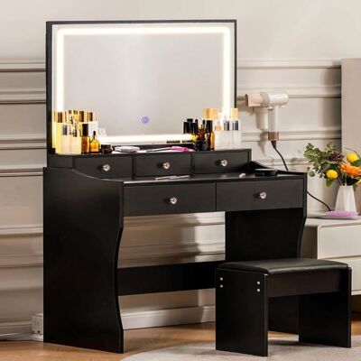 Coiffeuse et table de maquillage avec miroir LED à luminosité réglable 5 tiroirs de rangement et tabouret rembourré inclus Noir Noir - Publicité Coiffeuse et table de maquillage avec miroir LED à luminosité réglable 5 tiroirs de rangement et tabouret rembourré inclus Noir Noir - Publicité